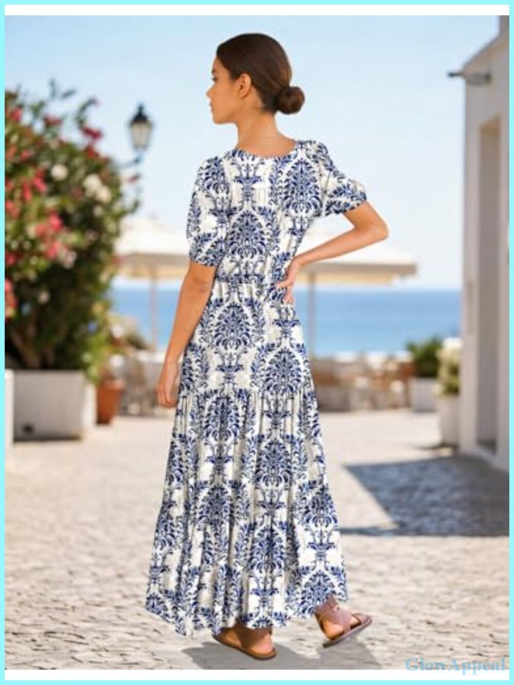 Boho Maxi Dress V Neck Puff Sleeve Tiered Split Flowy Casual Dress with Pockets - Picture 4 of 6